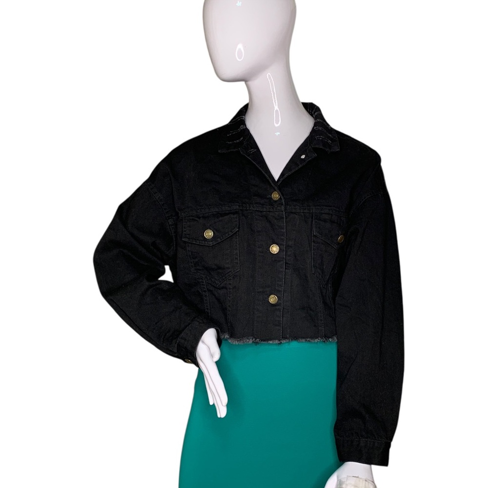 Zilcremo Black Cropped Denim Jacket Distressed Oversized Button Down Size M